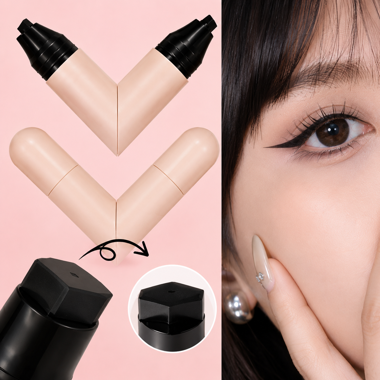 Rotating eyeliner stamp pen dual head - stamp tip close up and model eye