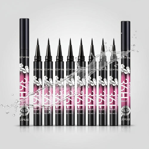 Eyeliner pens with a close-up of an eye wearing them, set against a blurred background.